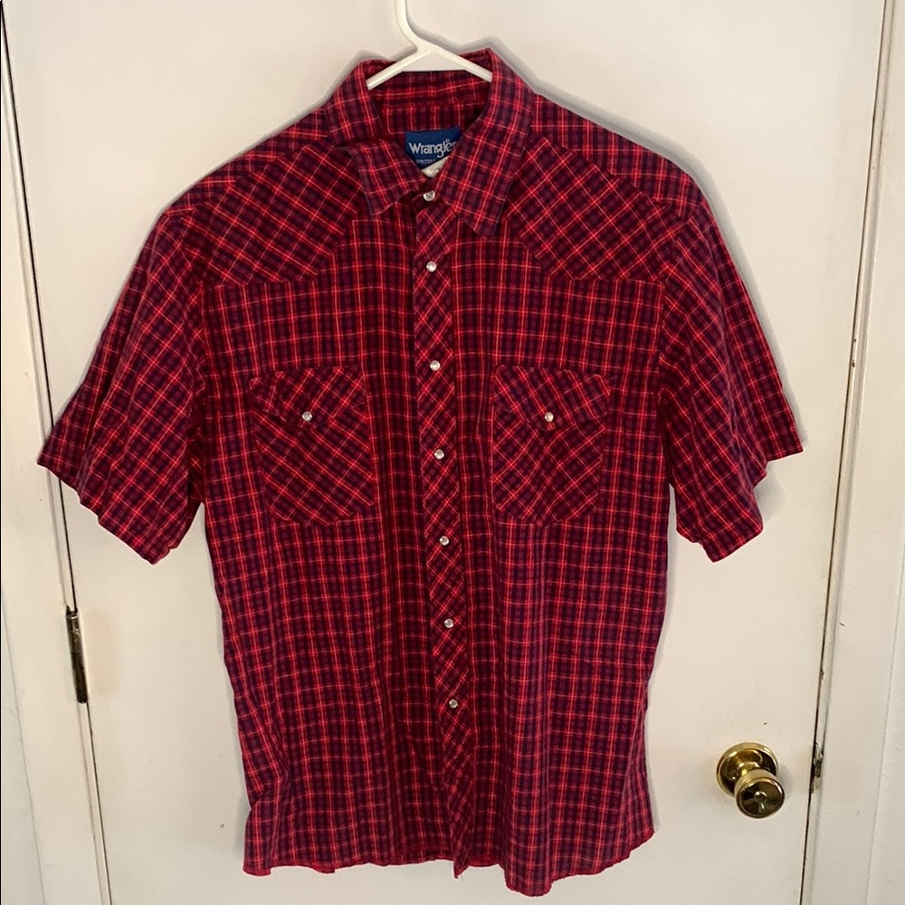 Wrangler vintage red navy plaid western button down short sleeve shirt Size L